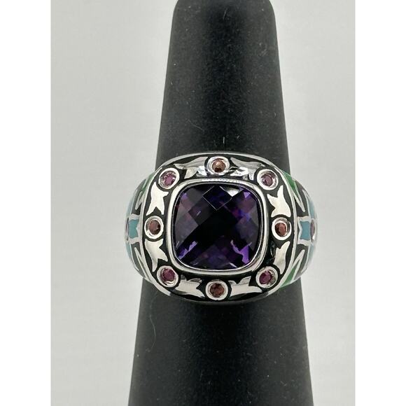 Sterling 925 Ring w/ Enamel and Faceted Purple and Pink Stones Size 6 - Picture 2 of 8